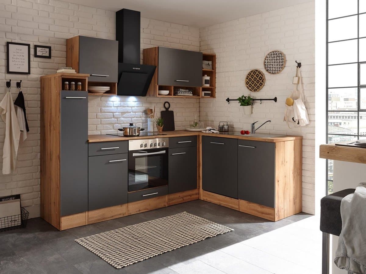Hoekkeuken 250 cm - complete keuken met apparatuur Hilde - Wild eiken/Grijs - keramische kookplaat - vaatwasser - afzuigkap - oven - spoelbak