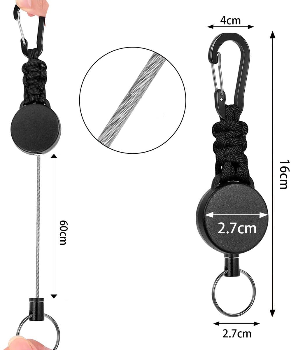 Peysaitr-Uittrekbare Sleutelhangers Set van 3 – Sterke Stalen Kabel 60cm, Karabijnhaak & Parachutetouw – Robuust, Lichtgewicht & Ideaal voor Sleutels, Outdoor & Dagelijks Gebruik