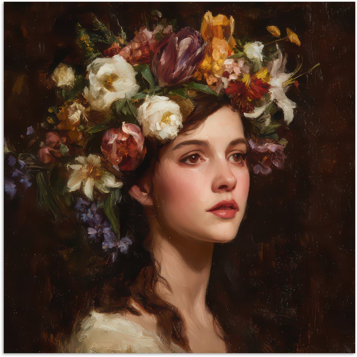 Poster 30x30 cm - Portret - Vrouw - Bloemen - Posters - Kamer decoratie - Wanddecoratie woonkamer - Muurdecoratie slaapkamer