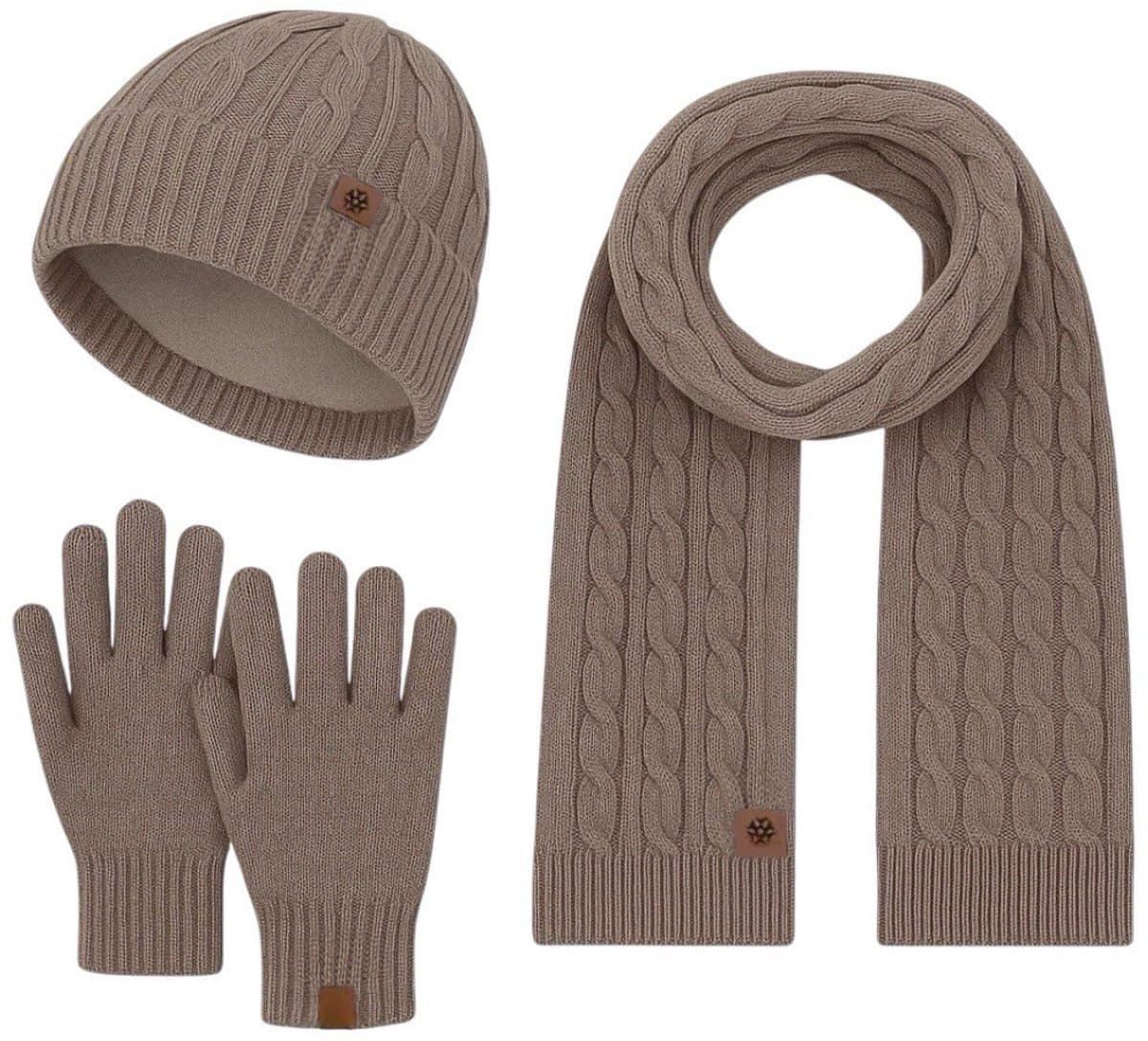 Ultiluxe® Winterset voor heren en dames - Muts, sjaal en handschoenen - Bruin - Voor volwassenen - Warm gevoerde beanie - Lange sjaal - Unisex - Winteraccessoire setje - Tegen kou en wind - Voor mannen en vrouwen