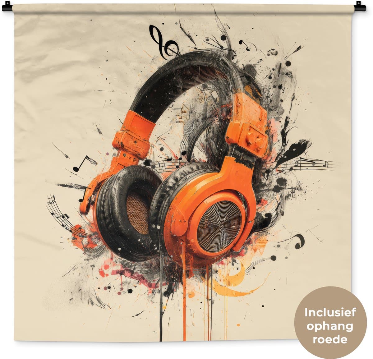 Wandkleed 150x150 cm - Wanddoek Koptelefoon - Oranje - Explosief - Wandtapijt - Wandkleden