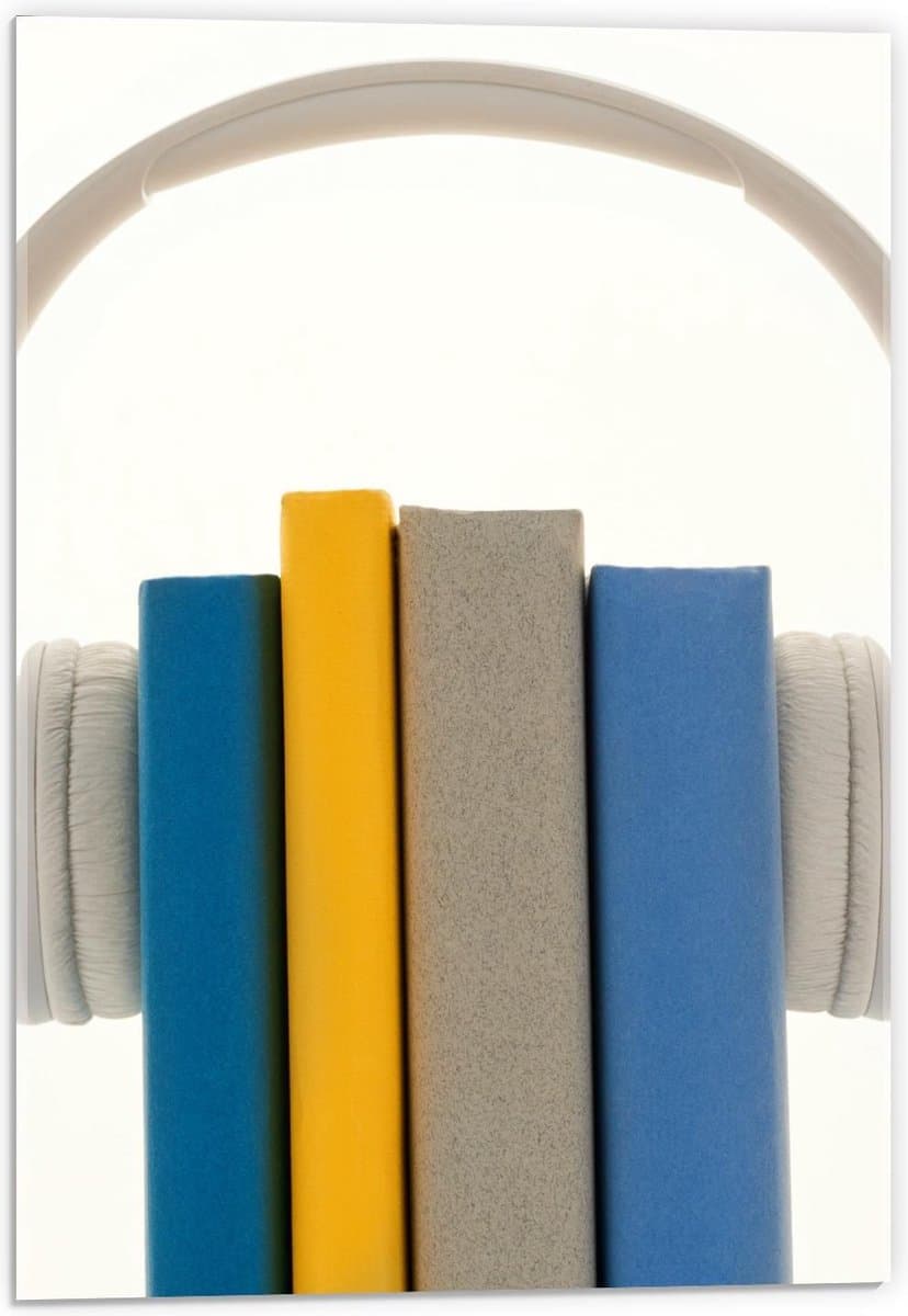 Acrylglas - Witte Koptelefoon om Boeken - 40x60cm Foto op Acrylglas (Met Ophangsysteem)