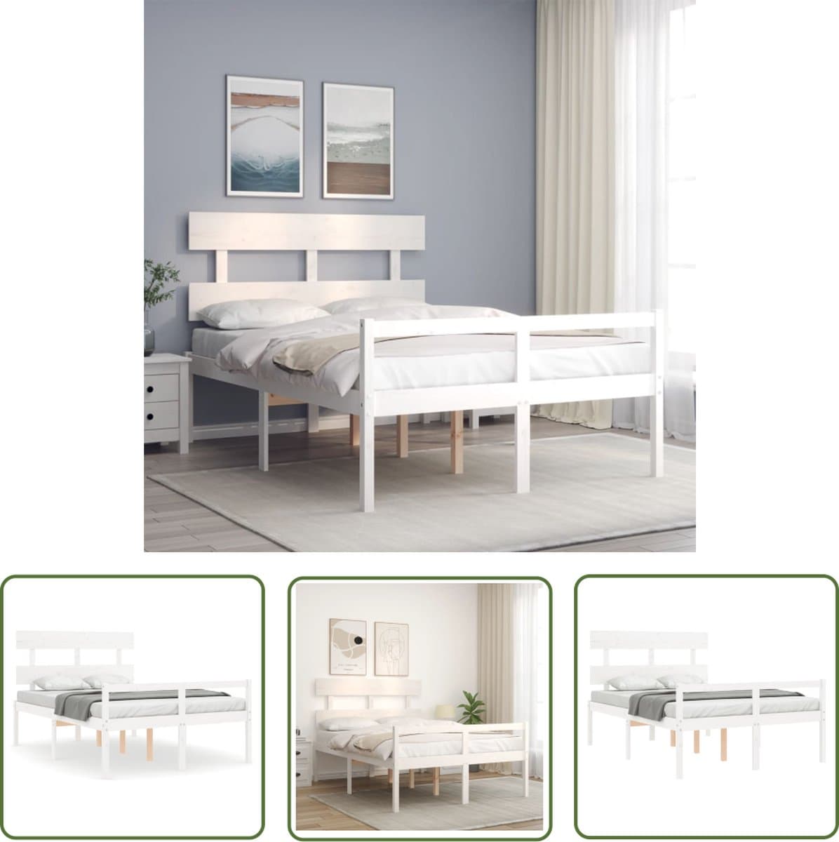 The Living Store Bedframe Massief Grenenhout - Bedframe - Afmeting- 195.5 x 125.5 x 81 cm - Ken- functioneel hoofd- en voeteneinde