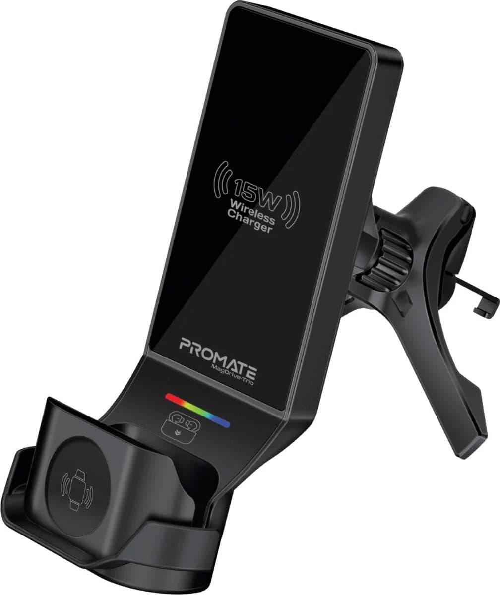 ProMate® Premium 3-in-1 Universele Draadloze Autolader - Laad 3 apparaten tegelijk - Telefoon, Oortjes en SmartWatch - Voorruit en Dashboard - 15W MagSafe Compatibel - USB C - Snellader - 12V Auto Oplader - Sigaretten Aansteker Adapter - Laad 4x snel