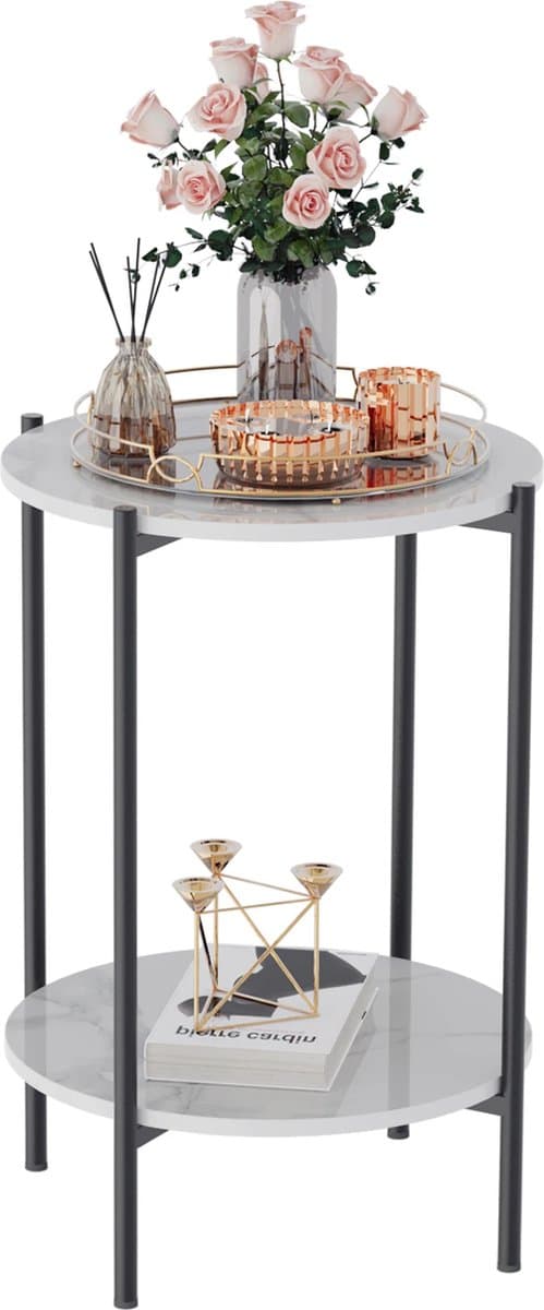 KTN® - Bijzettafel - Koffietafel - Nachtkastje - Multifunctioneel Huismeubel - Zwart Metalen Poten - Rond - 2 Laags - Marmerlook