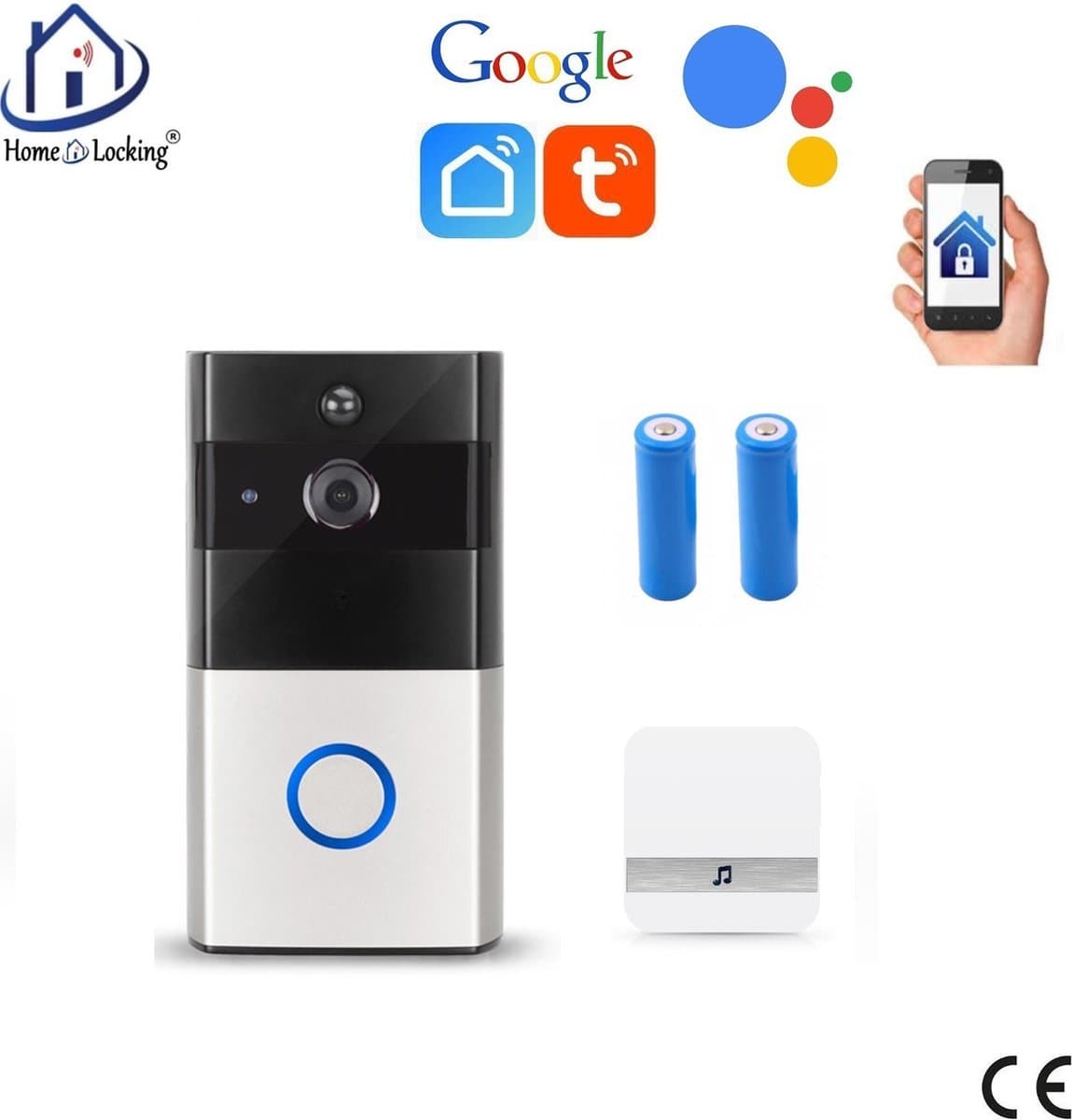 WIFI deur intercom/videofoon 2.0MP met 2 oplaadbare batterijen en een binnen ontvanger en kan werken met spraakgestuurde apps. T-2049BB.