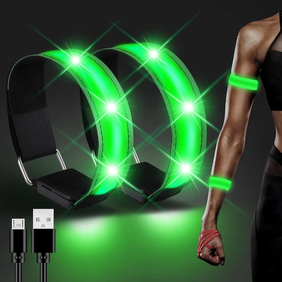 Oplaadbare LED Armband - Veiligheidsband Knipperlicht - Nachtelijke Activiteiten - 360 Graden Zichtbaarheid - 2 Stuks - Groen