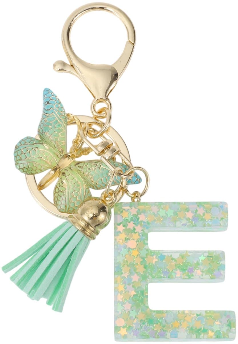 Dailygoods- Sleutelhanger met letter E - Vlinder - Cadeau voor vrouwen - Hars/legering - Lichtgroen - Totale lengte 9,3 cm