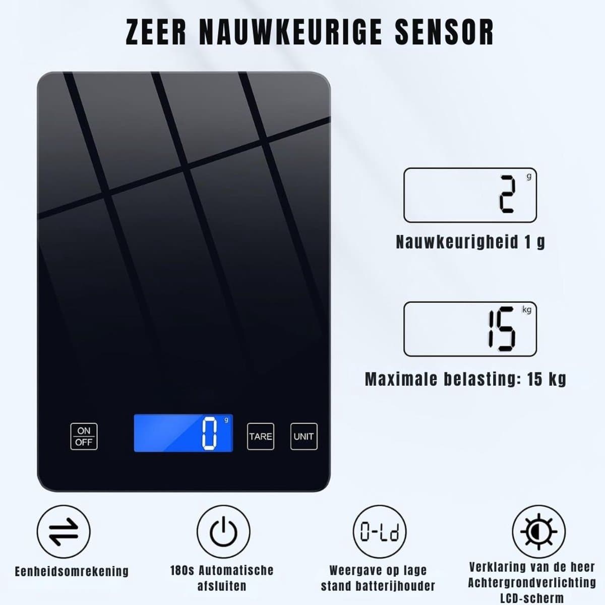 KAD® Weegschaal - Nauwkeurige Keuken Weegschaal - Digitale Precisie Weegschaal voor Koken en Bakken - Zwart - 22cm x 16cm x 2cm