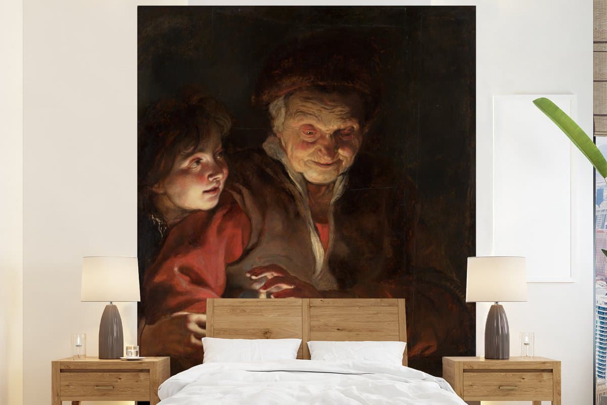 Behang - Fotobehang Oude vrouw en jongen met kaarsen - Schilderij van Peter Paul Rubens - Breedte 210 cm x hoogte 260 cm