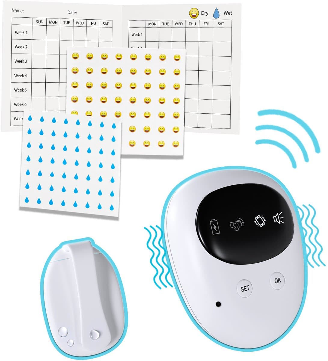 Draadloos Plaswekker van MMOBIEL – Alarm met Geluid en Trillingen – Bed Plas Alarm, Incontinentie Training voor Jongens, Meisjes & Volwassenen – Zindelijkheidstraining met Vochtsensor - USB Oplaadbaar