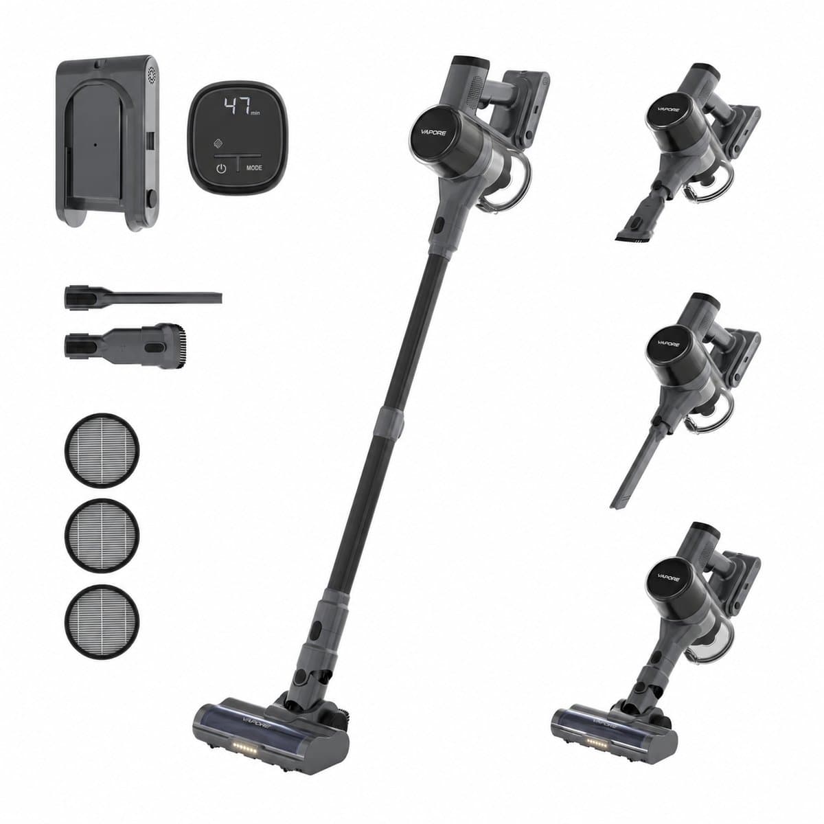 Vapore Steelstofzuiger Draadloos - Incl. Extra Accu & Filter - 47 Minuten Accuduur - 350W - Snoerloze Stofzuiger - Stofzuiger Zonder Zak - Op Accu - Vacuum Cleaner - Kruimeldief - Draadloze Steelstofzuiger - Zwart
