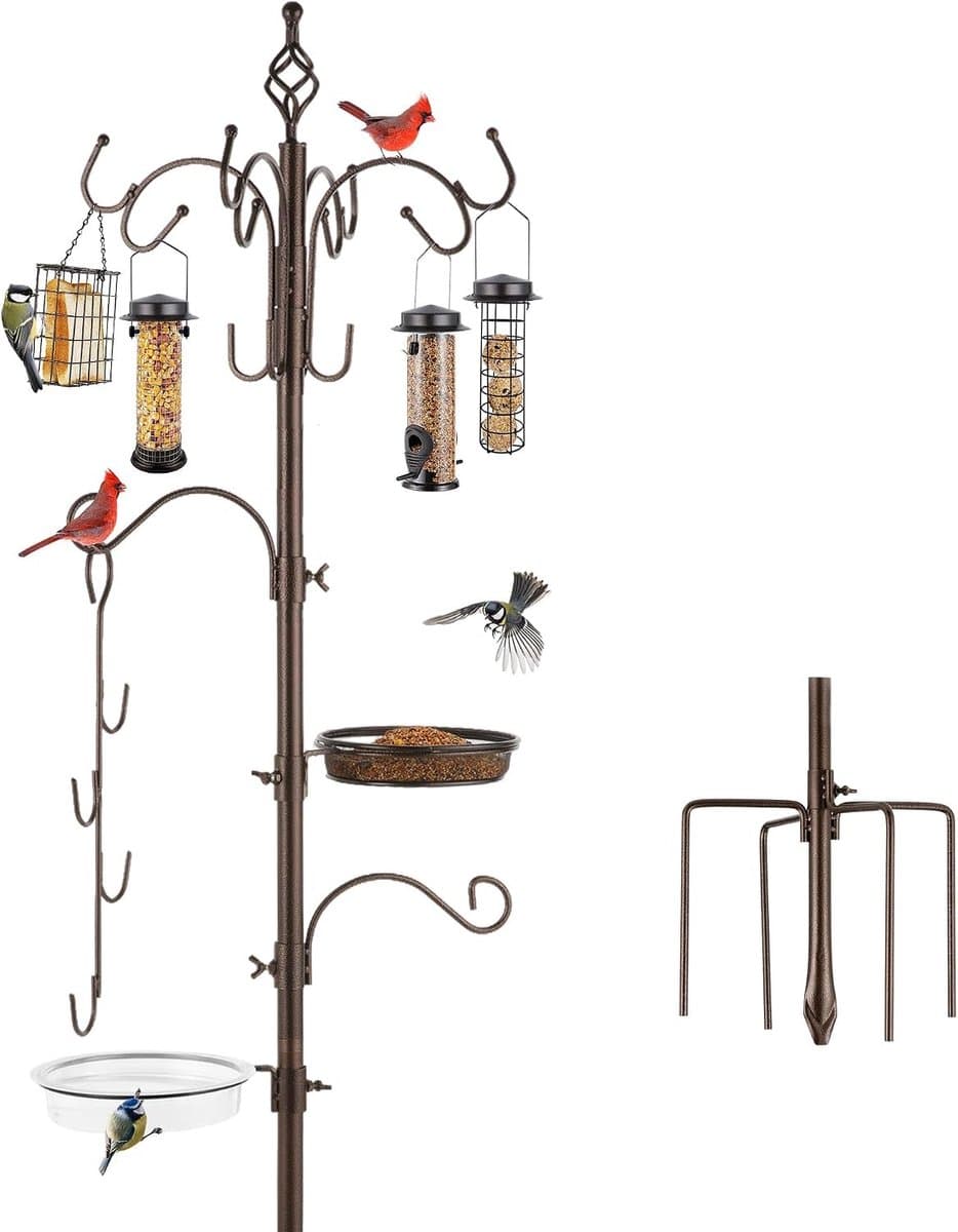 Complete Voederstation voor Vogels met Meerdere Hangvoeders, Metalen Suet Feeder, Vogelbad en Mesh Tray voor het Aantrekken van Wilde Vogels en Plantenhanger