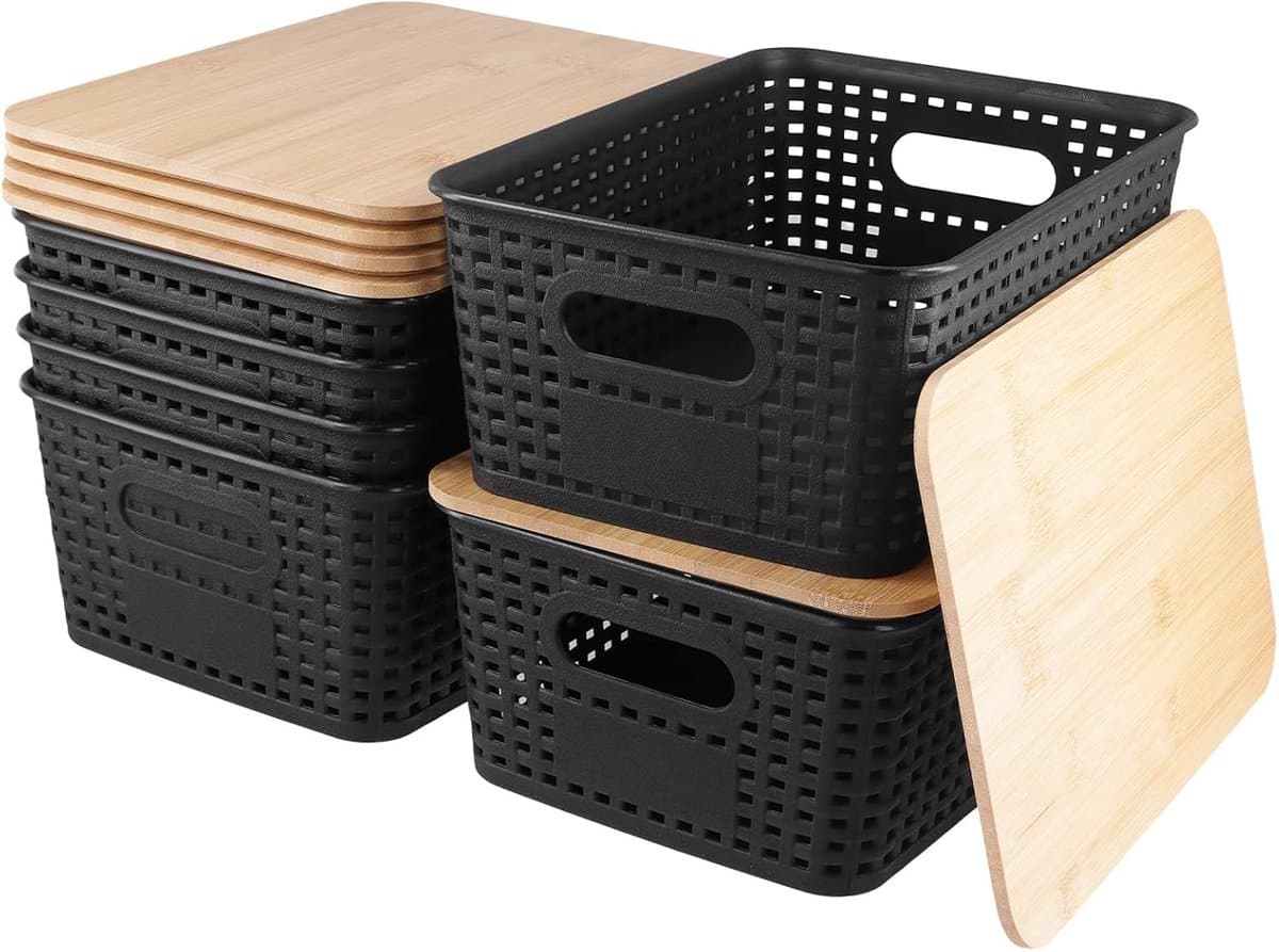 Set van 6 Opbergdozen met Bamboedeckel, Stapelbare Plastic Dozen voor Keuken, Badkamer en Kantoor, 25.5 x 18.5 x 10.5 cm