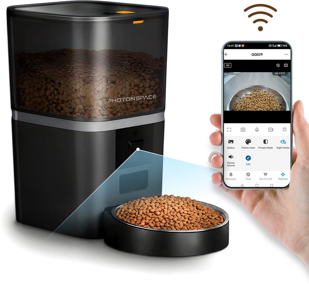 Photonspace Automatische Voerbak Kat & Hond 6L – HD Camera, Night Vision & Two-Way Audio – App-Bediening – Zwart