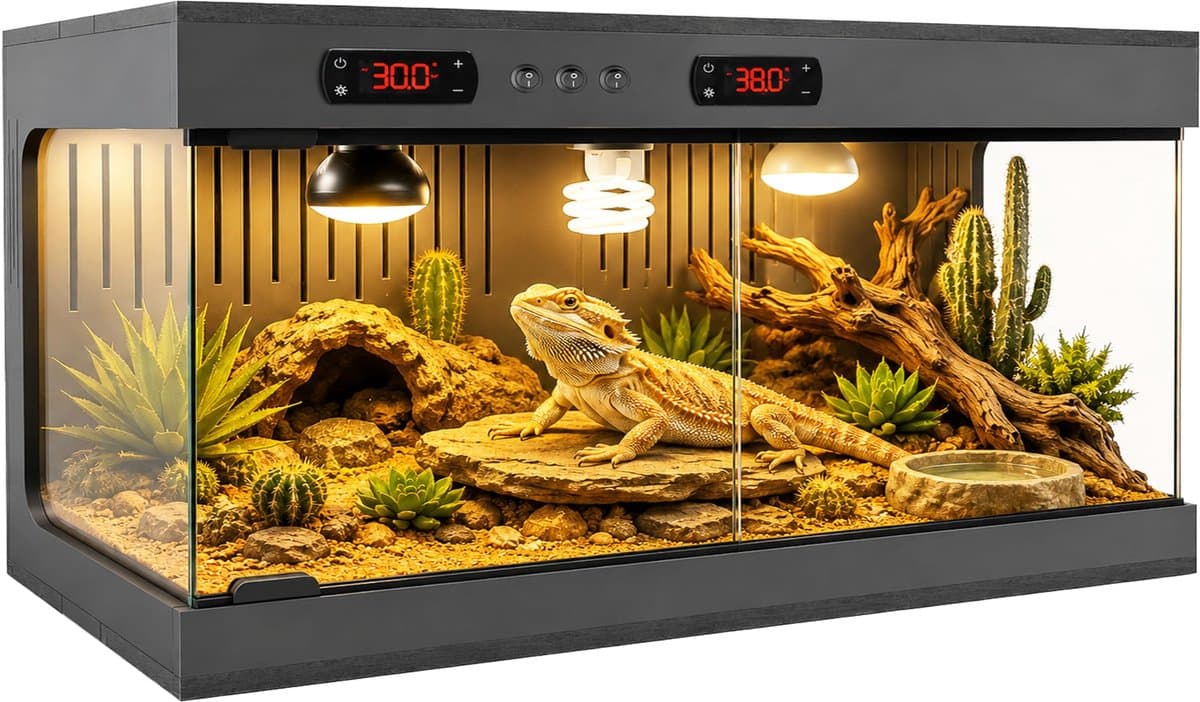 Reptielen terrarium, 80 x 40 x 40 cm, pvc-terrarium met dubbele thermostaat, 3 E27-fittingen, schuifdeuren van gehard - ShopVlot