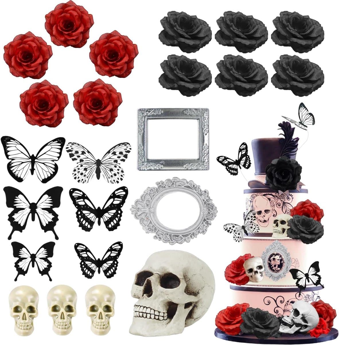 SnelShoppen - Halloween Gothic Taartdecoraties Zwarte Decoraties voor Gothische Feestbenodigdheden, Skulls, Bloemen, Vlinders, Gemakkelijk te Gebruike