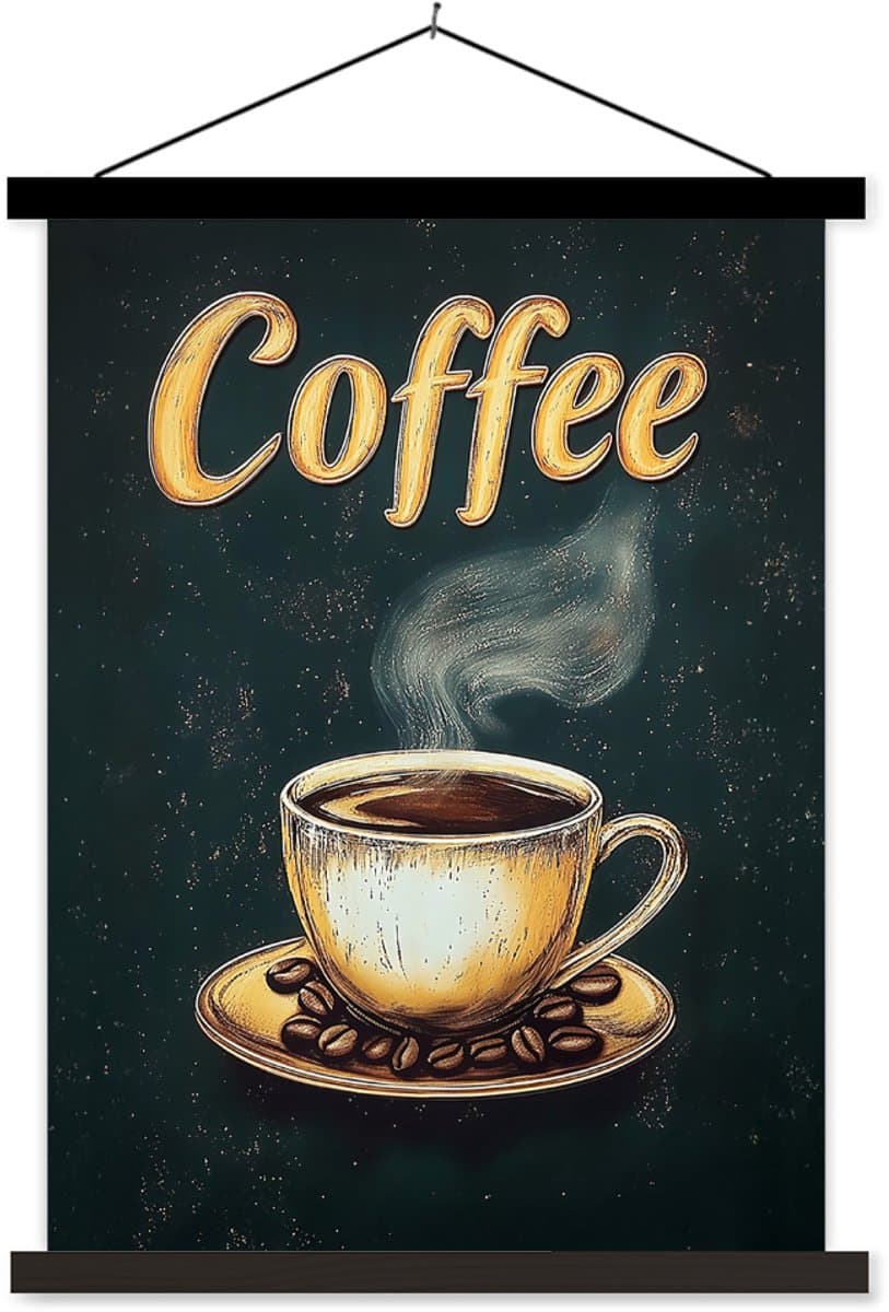 Posterhanger incl. Poster 40x53 cm - Schoolplaat - Koffie - Schotel - Koffiebonen - Retro - Textielposter - Zwarte latten