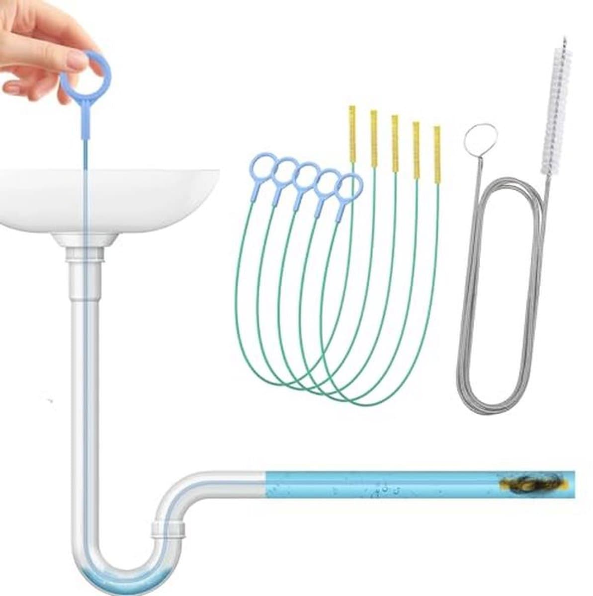 Afvoerontstopper set - 5 flexibele fretten en 1 koelkast gereedschap, herbruikbaar en geschikt voor keuken en badkamer