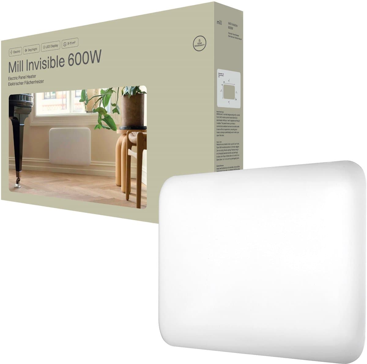 Mill IB600DN - Stalen paneelverwarming - 600 Watt- tot 11 m2 - 100% stil - geschikt voor de badkamer - 5 jaar garantie