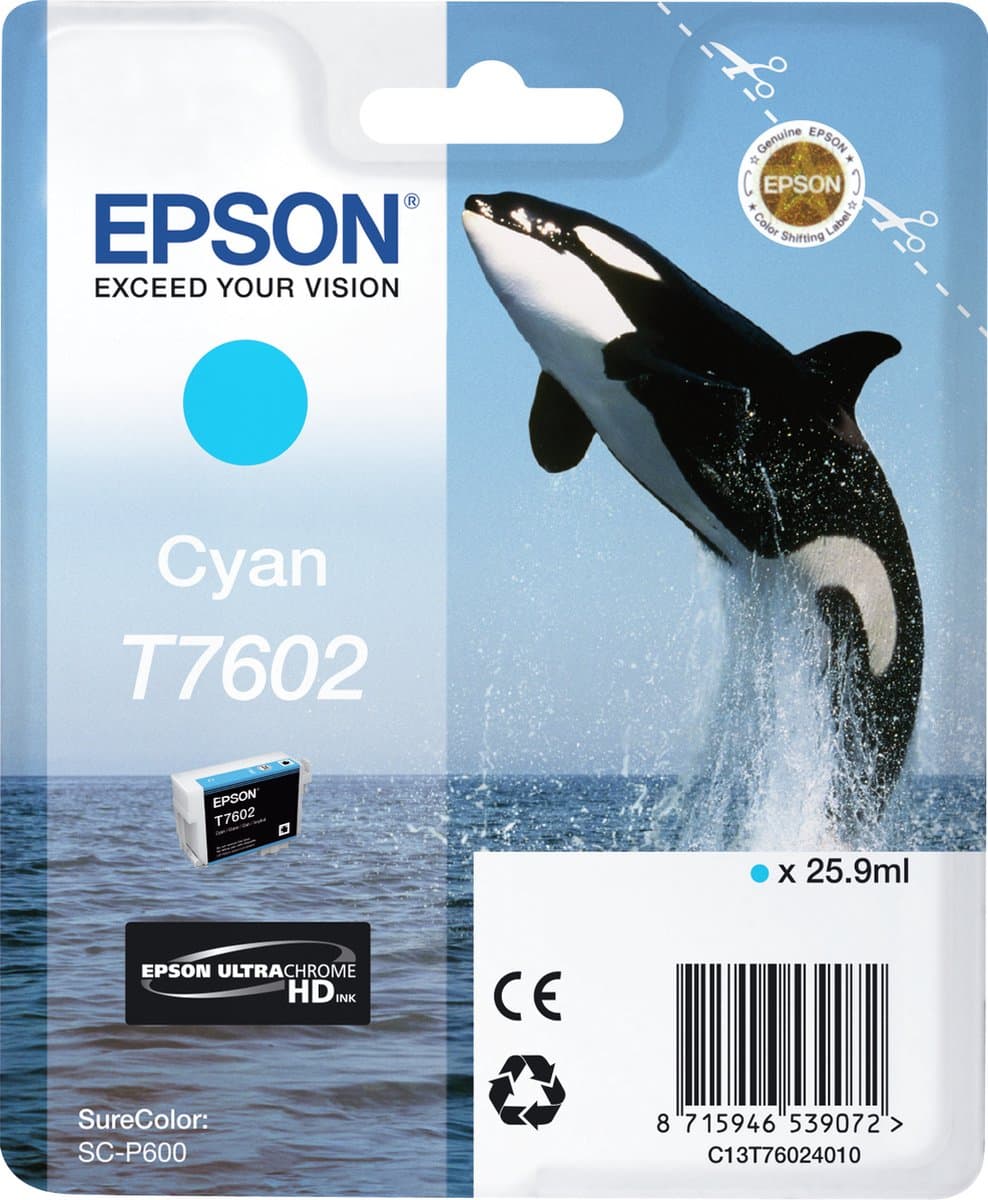 Epson Killer Whale T7602 inktcartridge, cyaan, origineel, 25,9 ml