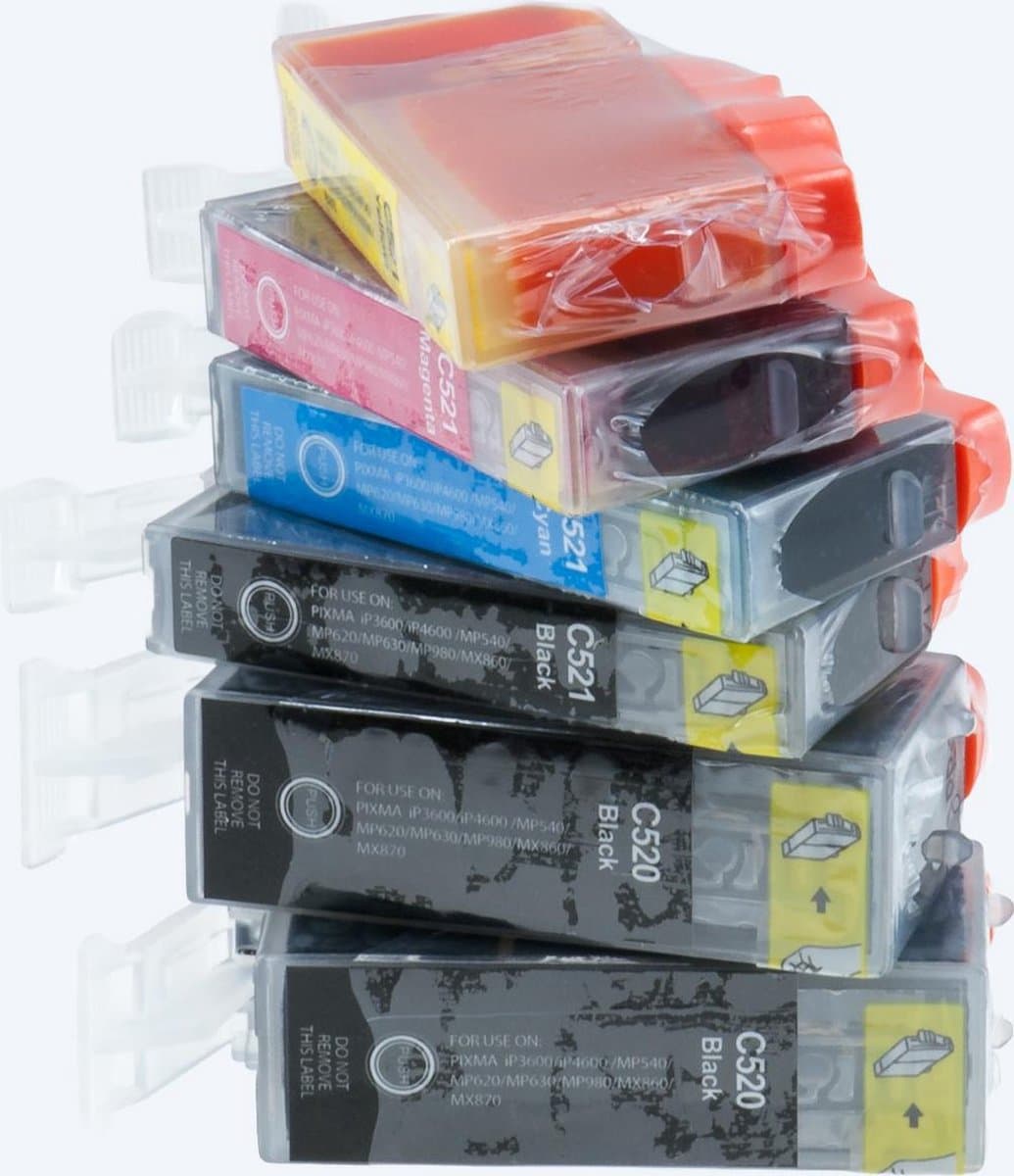 KATRIZ huismerk inkt voor Canon 2X PGI520BK + 1X CLI521BK + 1X CLI521 Cyaan + 1X CLI521 Magenta + 1X CLI521 Geel (6stuks) - Met chip