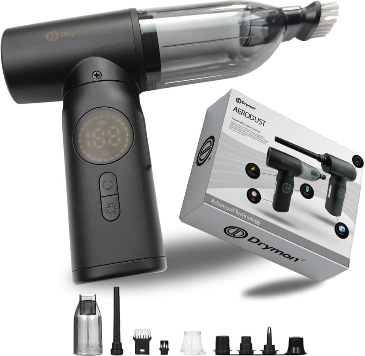 Drymon® Aerodust, stofzuiger en stofblazer - 120W krachtige motor - LED - Kruimeldief - HEPA-filter - Handstofzuiger - Air Duster - Kruimelzuiger - 12-Delig - 5-talige handleiding