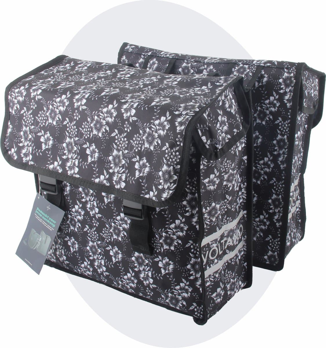 Voltano Dubbele Fietstas Floral Elegance - Zwart Met Witte Bloemen - 38 Liter - 100% Waterdicht Polyester - Vrolijke Fietstassen