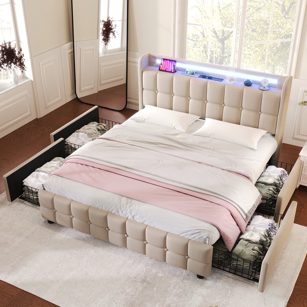 Sweiko Zacht Gewatteerd bed met USB Oplaadfunctie, Hoofdbord en LED verlichting, 2-laden, Eenpersoonsbed 140x200cm opbergbedframe, houten frame, Beige (zonder matras)