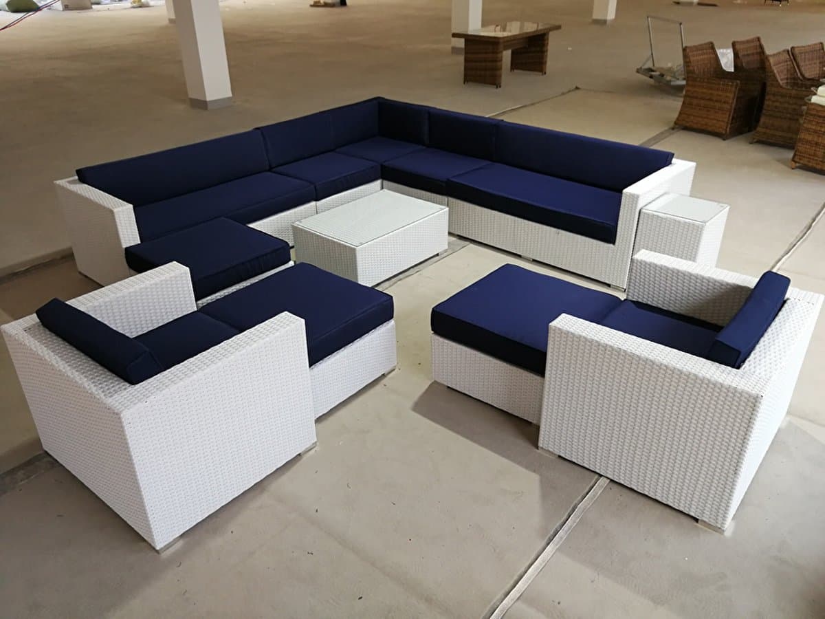 Loungeset 12-delig - Weerbestendig vlechtwerk - Wit wicker / blauwe kussens