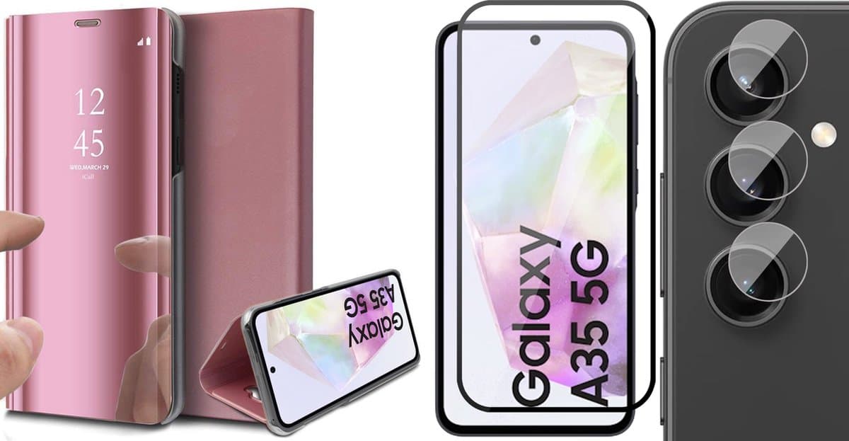 Hoesje geschikt voor Samsung Galaxy A35 - Screenprotector Volledig Dekkend Glas & Camera - Spiegel Book Case Rosegoud