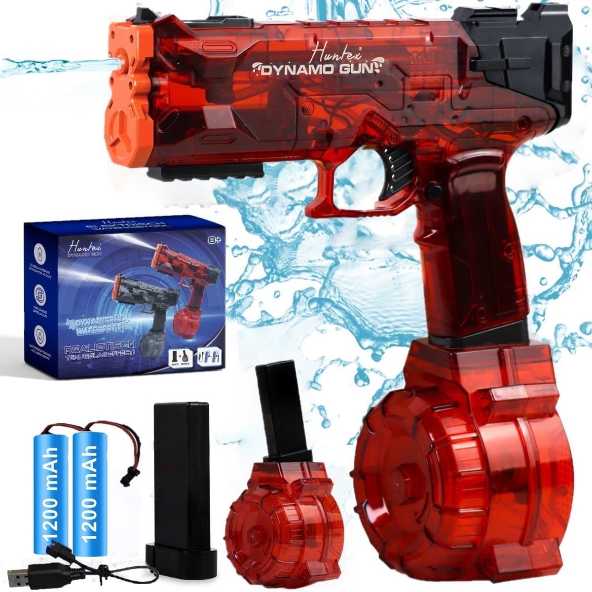 Huntex Dynamo Gun – Rood - Robuust Elektrisch Waterpistool met Realistisch Terugslageffect voor Dynamisch Familieplezier - Automatisch Waterpistool - Zwembad Speelgoed
