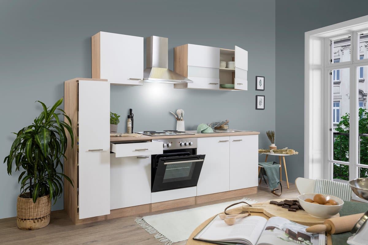 Goedkope keuken 240 cm - complete keuken met apparatuur Merle - Eiken/Wit - soft close - elektrische kookplaat - afzuigkap - oven - spoelbak