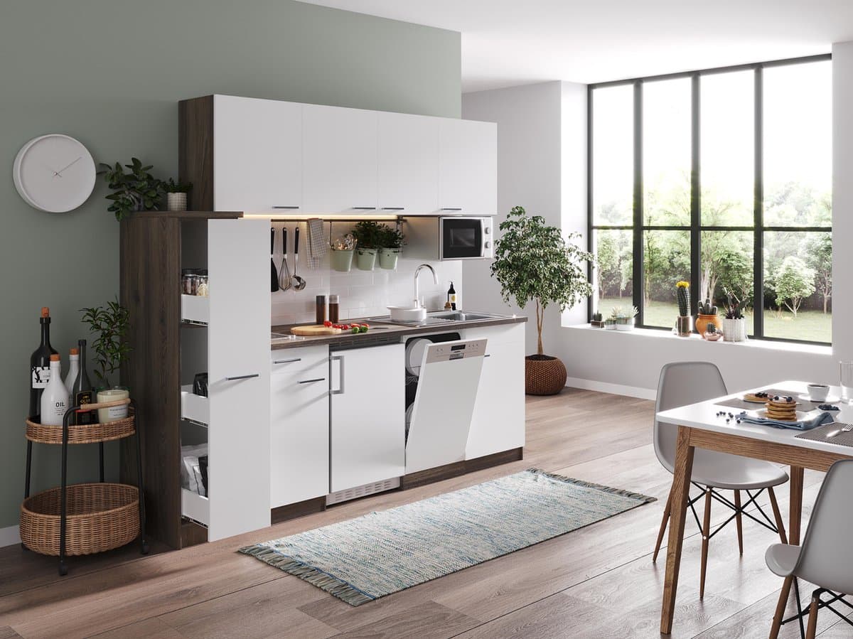Goedkope keuken 225 cm - complete keuken met apparatuur Oliver - Donker eiken/Wit - keramische kookplaat - vaatwasser - magnetron - spoelbak