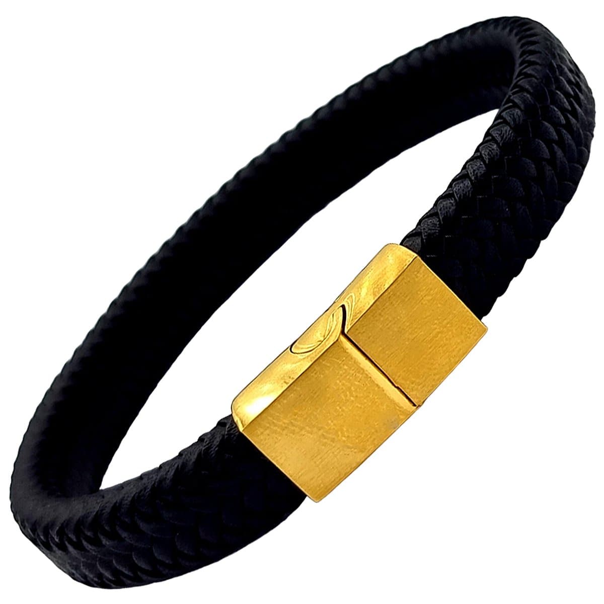 Rhylane – Gevlochten Heren Armband - Leer & Goud Verguld Staal – Zwart – Maat M (19 cm)