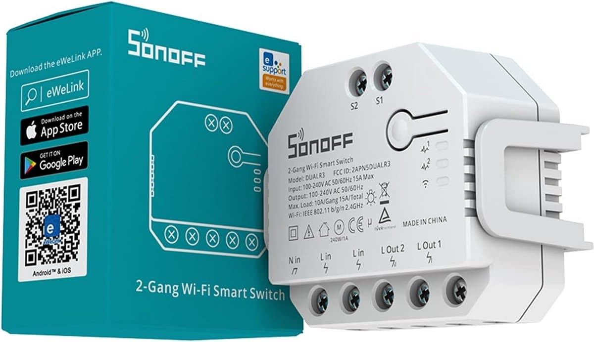 Slimme WIFI Curtain Switch Module met Energie Meting - DUALR3 Dubbel relais voor Gordijnen, Jaloezieën en Rolluiken - Twee-richting Slimme Schakelaar, Compatibel met Alexa