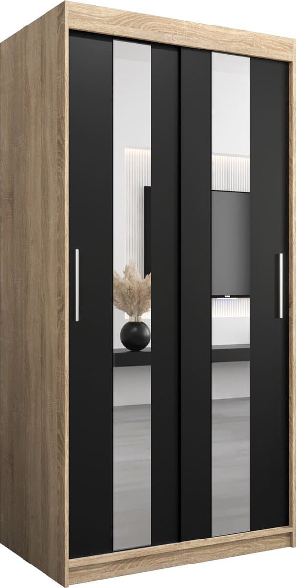 InspireMe - Kledingkast met 2 schuifdeuren, Modern-stijl, Een kledingkast met planken en een spiegel (BxHxD): 100x200x62 - DANCE 100 Sonoma Eik + Zwart Mat