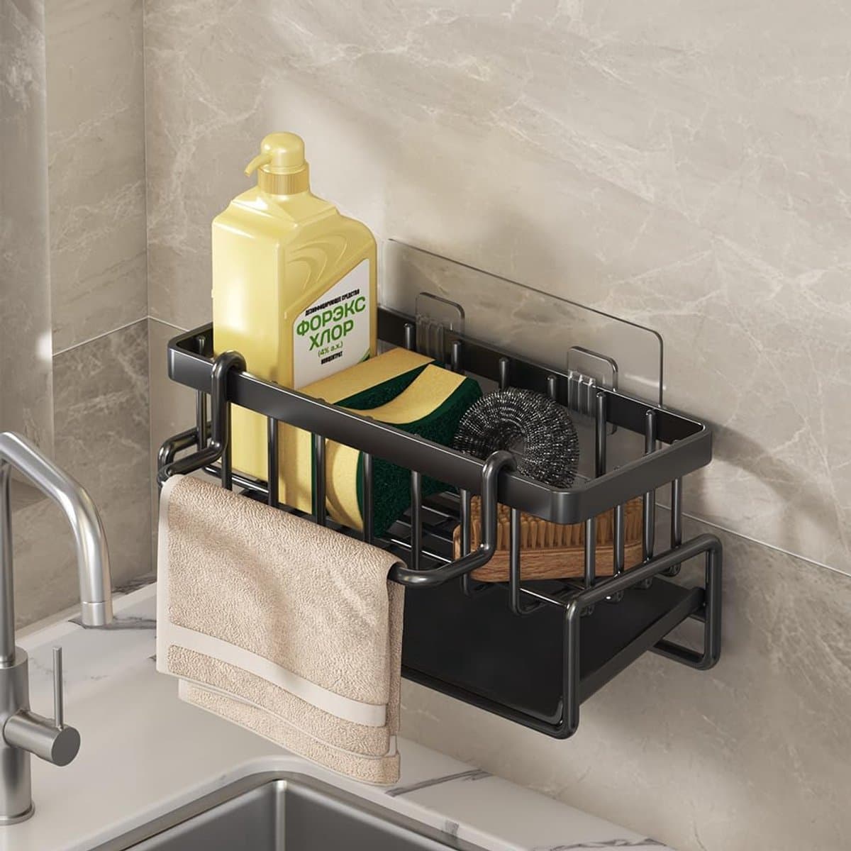 Wandgemonteerde gootsteencaddy voor de keuken - Multifunctioneel afwasbak-opbergrek met snellekbak - Zwart