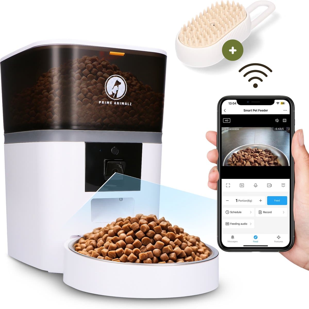Automatische Voerbak Kat en Hond 4L met Stoomborstel – Voerautomaat met Camera – Full HD 1080P Night Vision – Two-Way Audio – Enkele Voerbak – App-bediening – Voerschema Instellen – Kattenvoerbak Automatisch – Smart Pet Feeder – Prime AnimalZ – Wit