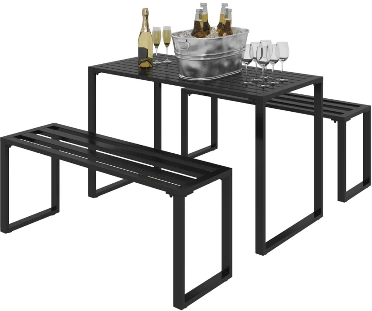 3-delige Biertafelset met Biertafel, 2 Bierbanken - Biertuinset voor 4 Personen - Bierbank - Picknicktafel - Biertentset - Tuinset - voor Terras, Balkon, Tuin, Camping - 110 cm lang - Zwart