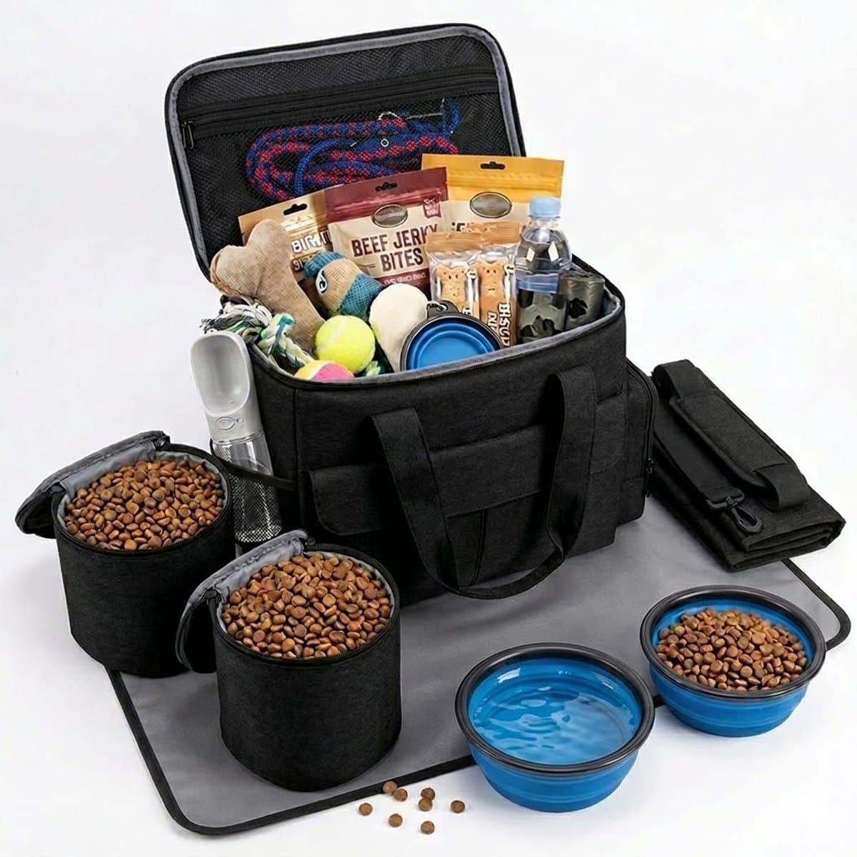Honden Reistas – Grote Draagtas met 2 Voedselcontainers, 2 Opvouwbare Voerbakken en Voermat – Multifunctionele Organizer voor Hondenbenodigdheden – Hondenvoer Opbergtas - Reisaccessoires voor Kamperen, Wandelen en Vakantie
