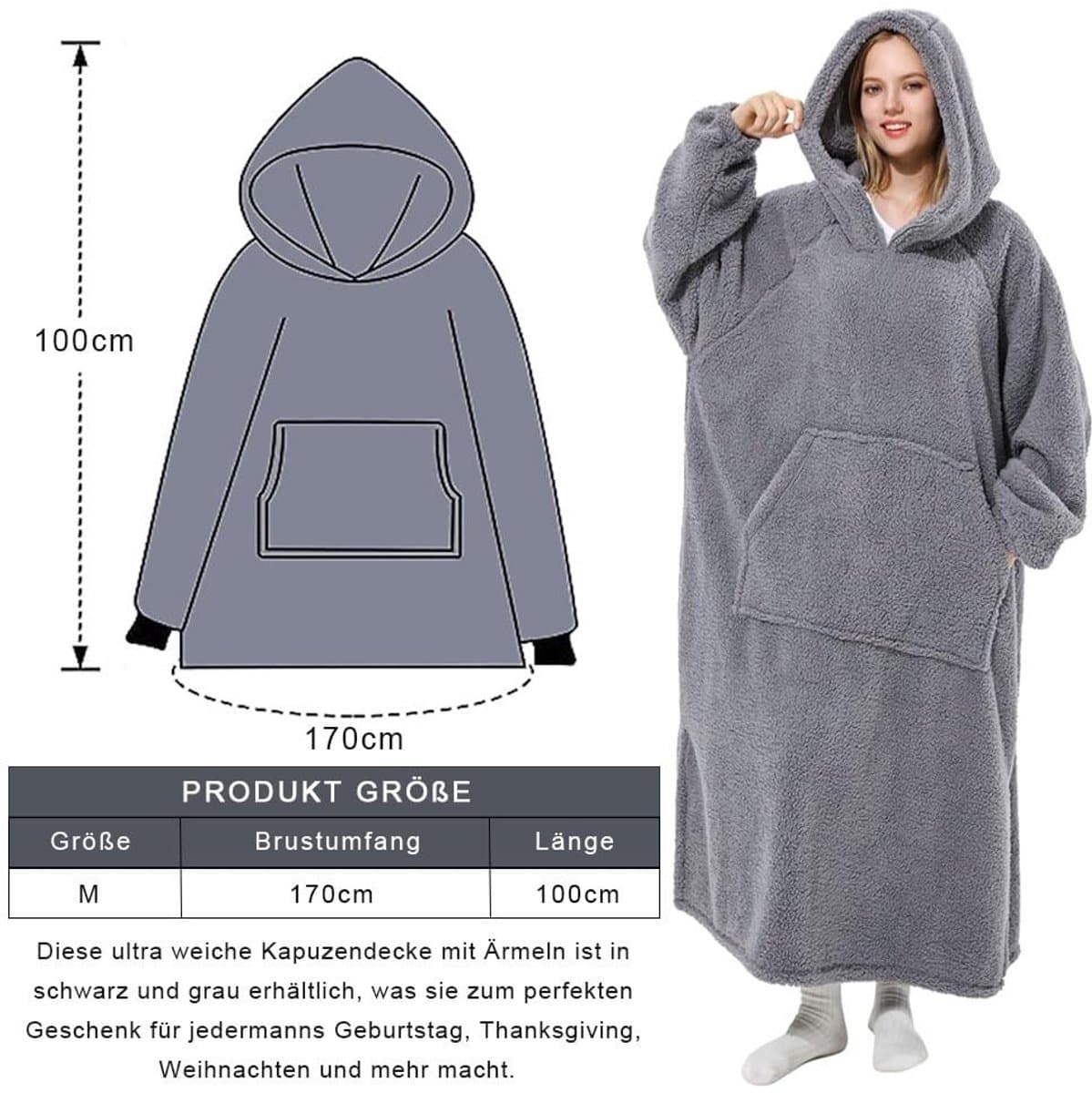 Dailygoods- Hoodie Deken - Extreem Zacht Flanel - Draagbare Dekentrui - Capuchondeken - Knuffeldeken - Grote Zak voor Tablets en Snacks - Dekentruien
