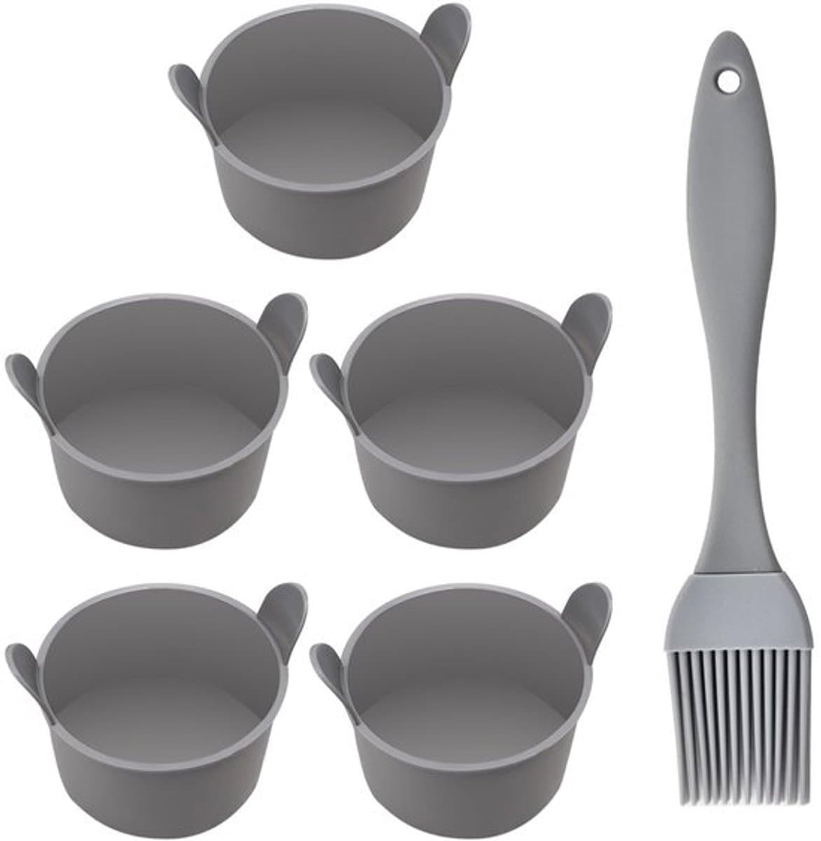5 grijze Airfryer bakvormen met 1 grijze oliekwast, siliconen bakvormen, kleine puddingvormen, siliconen bakvormen voor het bereiden van pudding, cake, eieren etc.