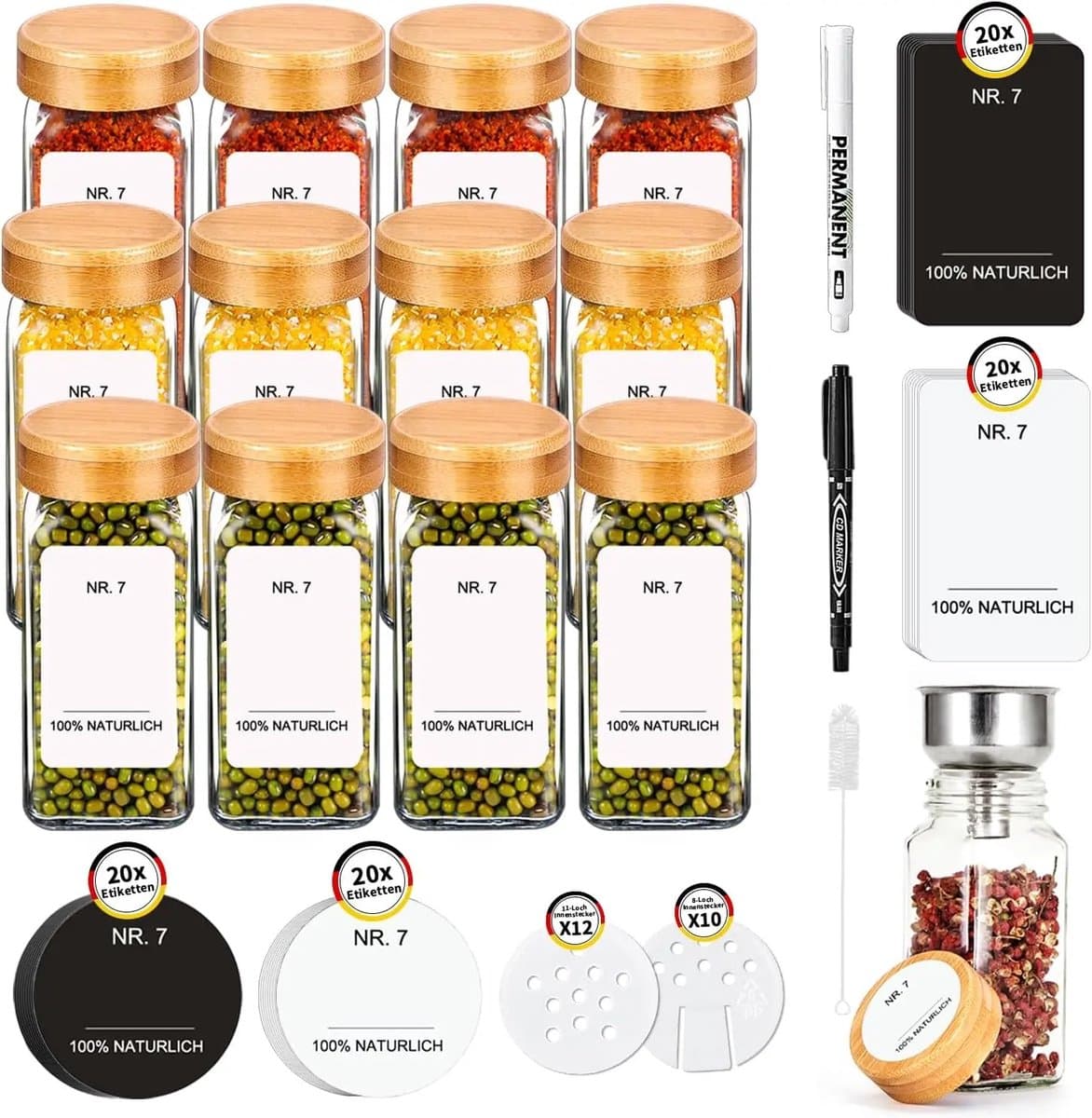 Solvix Kruidenpotjes Vierkant Set 24 Stuks – Glazen Kruidenpotjes met Bamboe Deksel en Kruidenlabels – Kruiden Organizer 120 ml
