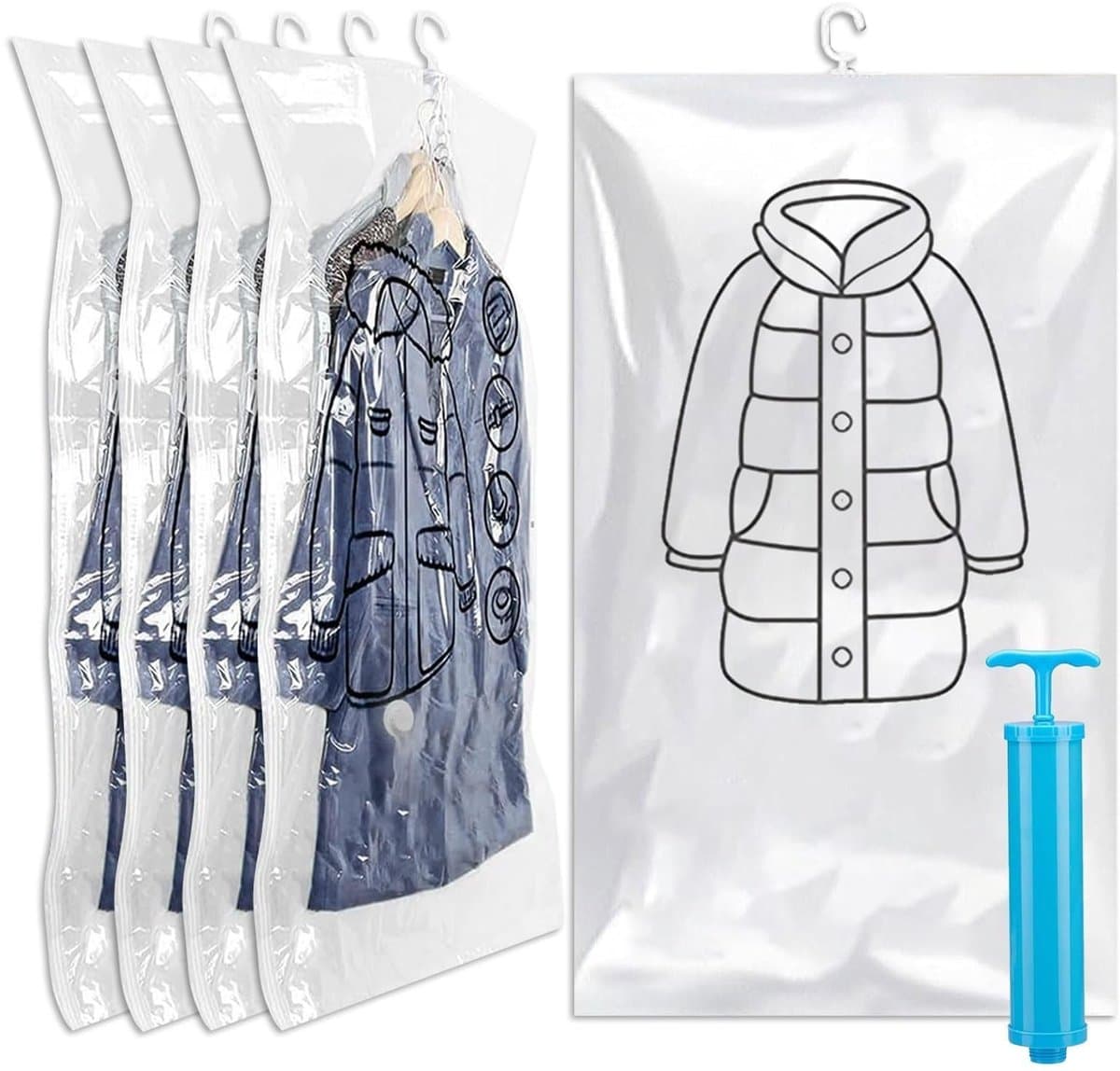 Dailygoods- Stofzuigerzakken - 5 Stuks - 70 x 110 cm - Herbruikbaar - Met Handpomp - Geschikt voor Kleding - Duurzaam PA/PE Materiaal - Opbergzakken