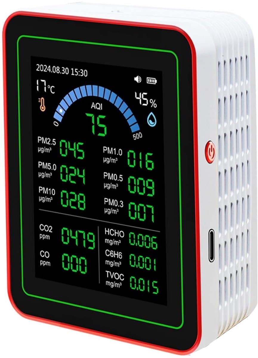 Luchtkwaliteit Meter - Tester Binnenlucht - Gezondheid Monitoren - 18 in 1 Meting - 2.8 Inch Scherm - Wit