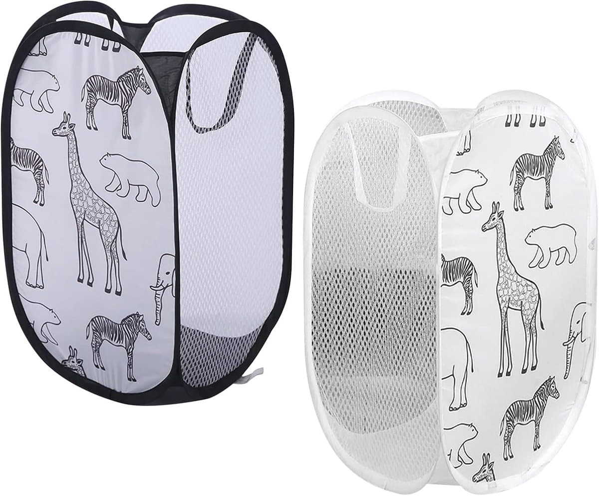 Opvouwbare wasmand, 2 stuks, pop-up wasmand, inklapbaar met mesh, 30 x 30 x 48 cm, laundry manden met handgrepen, opvouwbare stoffen mand, statiegeldflessen, verzamelcontainer (zwart + wit)