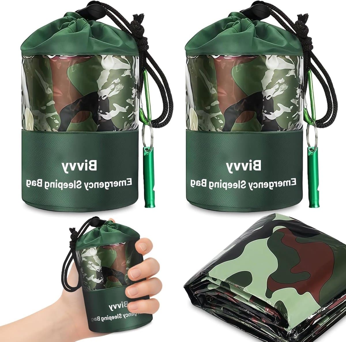 2-delige set met overlevingsslaapzak, noodbalaclava, nooddeken en tent, herbruikbaar, waterdicht, ultralicht en warmte-isolerend voor outdoor kamperen en wandelen