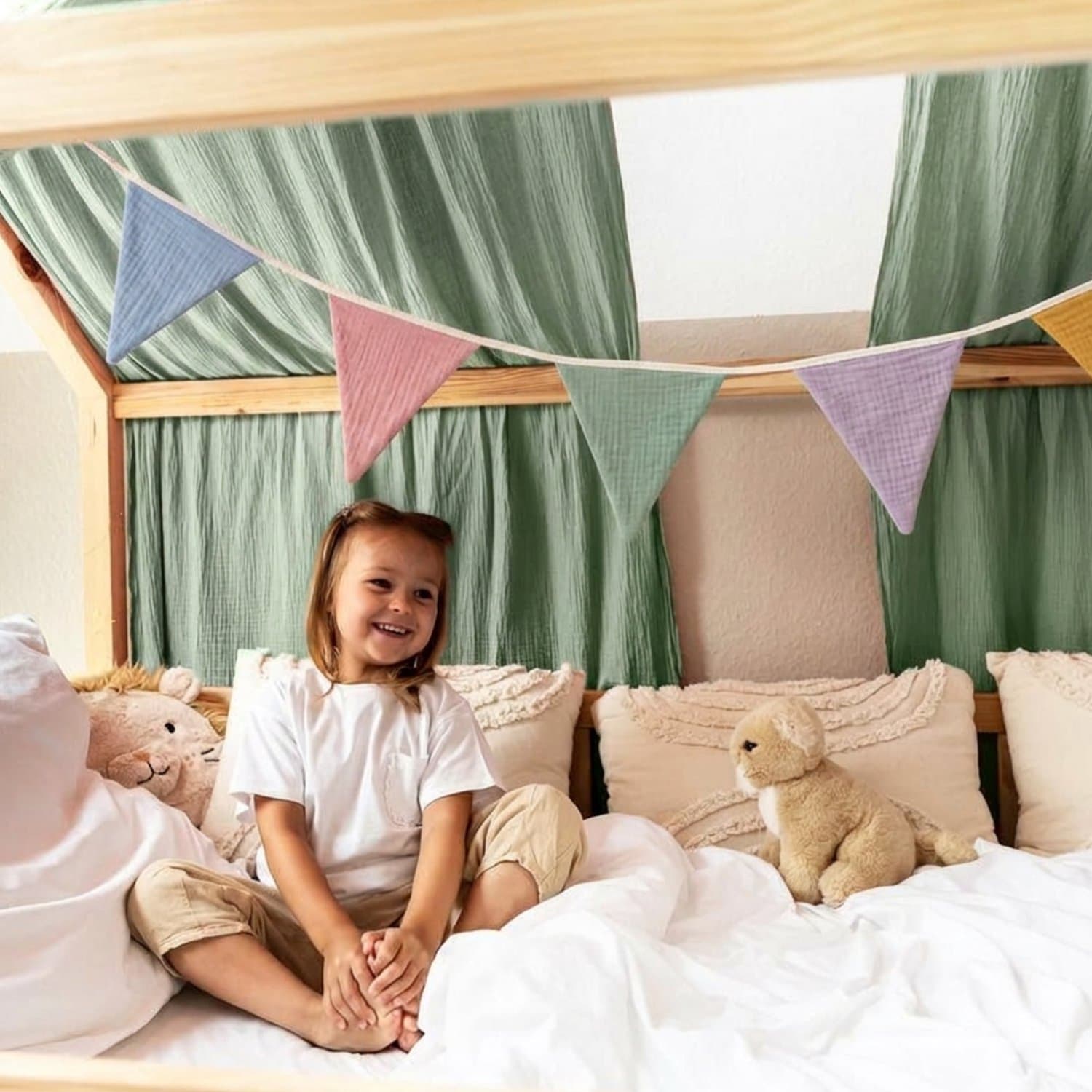 LILIMAUS Vlaggenlijn stof kinderkamer - stoffen slinger van mousseline katoen - 300 cm - bont