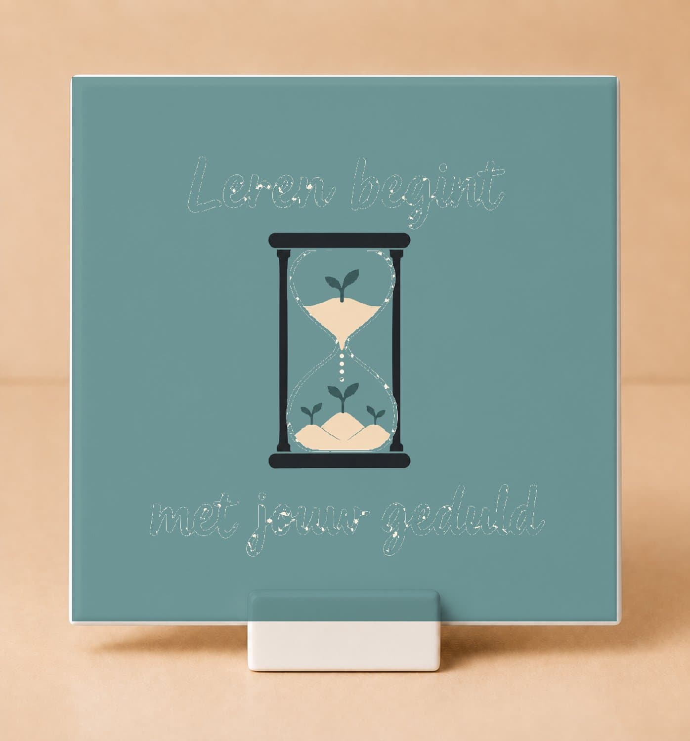 Strak Scandinavisch minimalistische Dag van de Leraar Tegel – Stijlvolle bedanktegel met inspirerende quote voor leerkrachten - 15 x 15 cm met houder